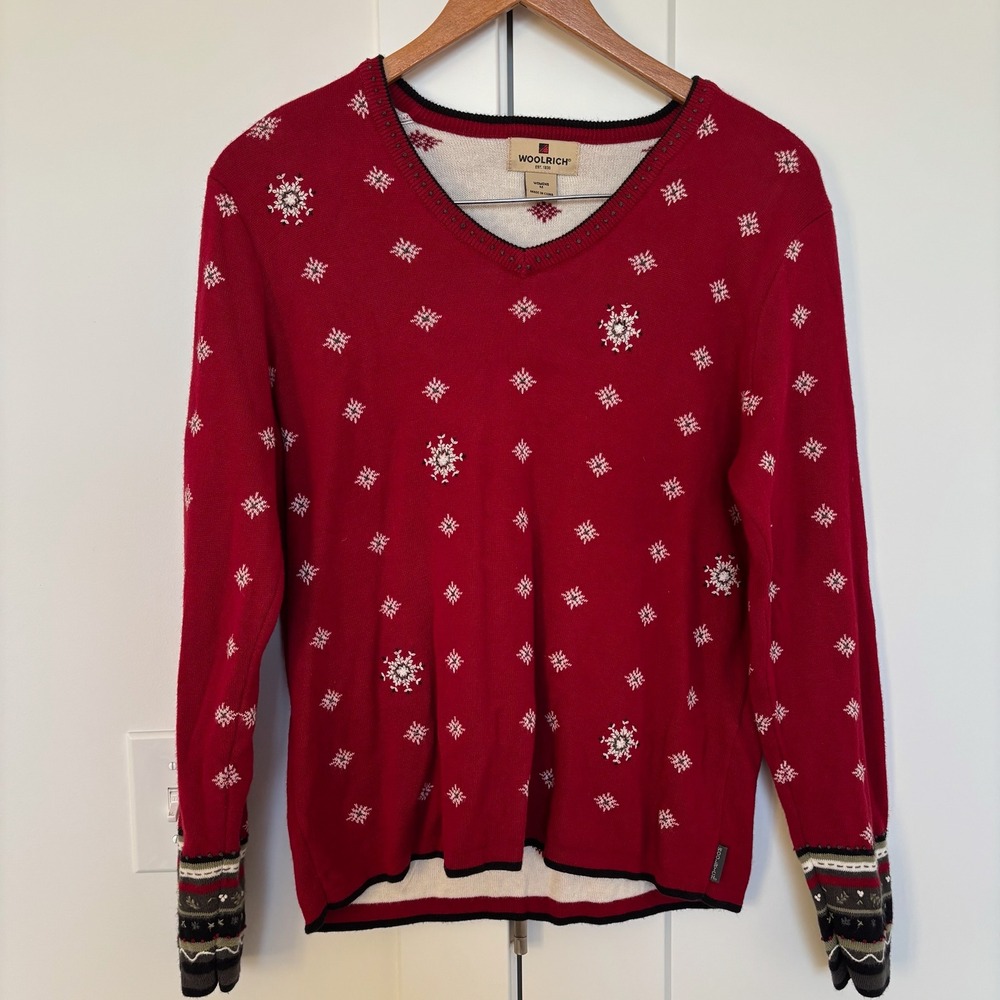 Woolrich Women's Snowflake V Neck Pullover Sweater Red Cotton Blend Size